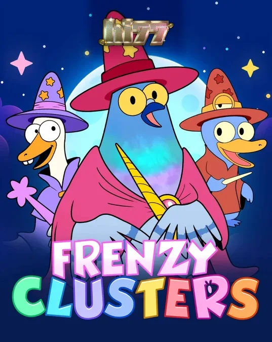 Frenzy Clusters স্লট গেমের রঙিন গ্রিড এবং কার্টুন চরিত্র